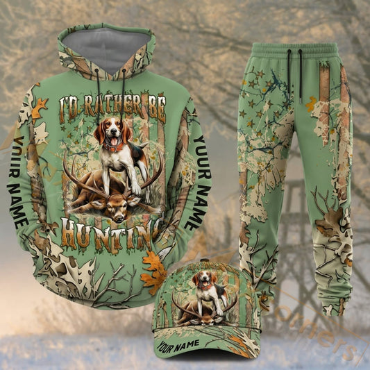 Maxcorners Hunting Deer Hunting Dog Mint Green Camo Personalized 3D Combo Hoodie, Sweatpants Set & Cap