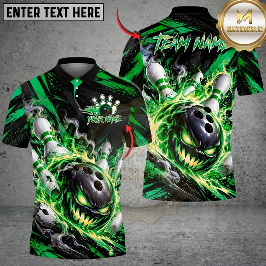 Maxcorners Bowling Evil Pumpkin Skull Flame Fireball Pins Strike Artwork Multicolor Customized Name, Team Name 3D Shirts