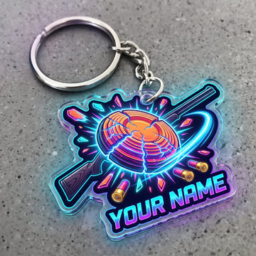 Maxcorners Clay Shooting Neon Shotgun And Exploding Clay Target Customized Name 3D Keychain And Ornament