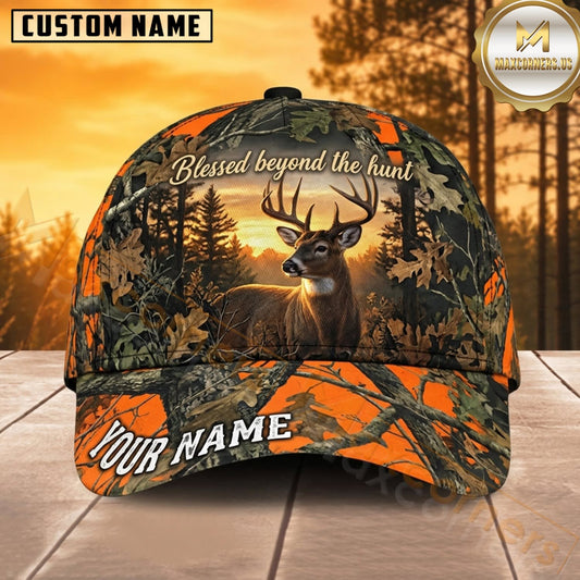 Maxcorners Deer Hunting Whitetail Buck Blessed Beyond the Hunt Orange Sunrise Camo Customized Name 3D Cap