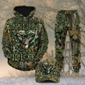 Maxcorners Hunting Deer Nature Woodland Green Camo Personalized 3D Combo Hoodie, Sweatpants Set & Cap