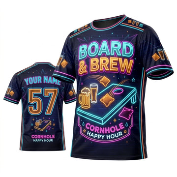 Maxcorners Cornhole Board And Brew Retro Neon Personalized Name 3D Unisex Shirt