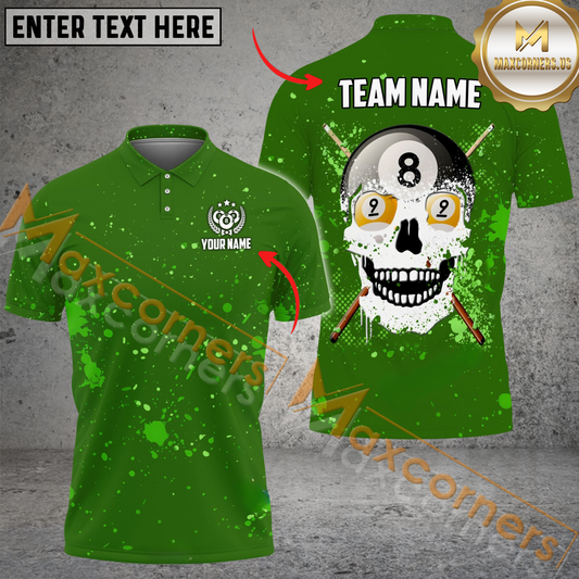 Maxcorners Crazy Skull Billiard Jersey Multicolor Options Personalized Name, Team Name 3D Polo Shirt (4 Colors)