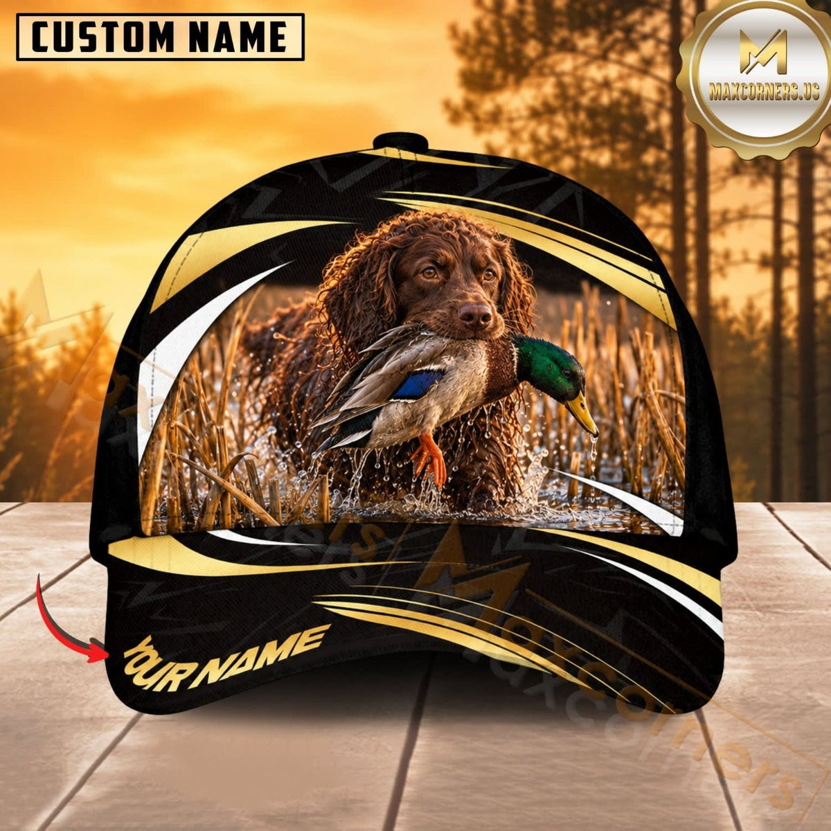 Maxcorners Dog Hunting And Duck Black Gold Wave Wetland Personalized Name 3D Cap