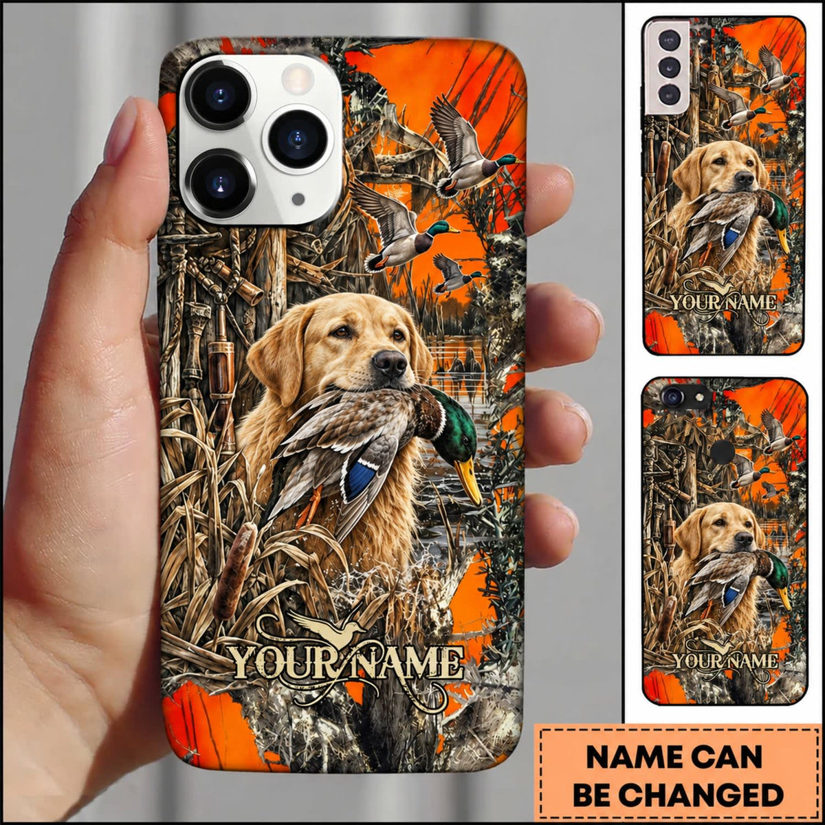 Maxcorners Duck Hunting German Shorthaired Pointer Orange Camouflage Hunting Personalized Name 3D Phone Case - Yellow Labrador Retriever