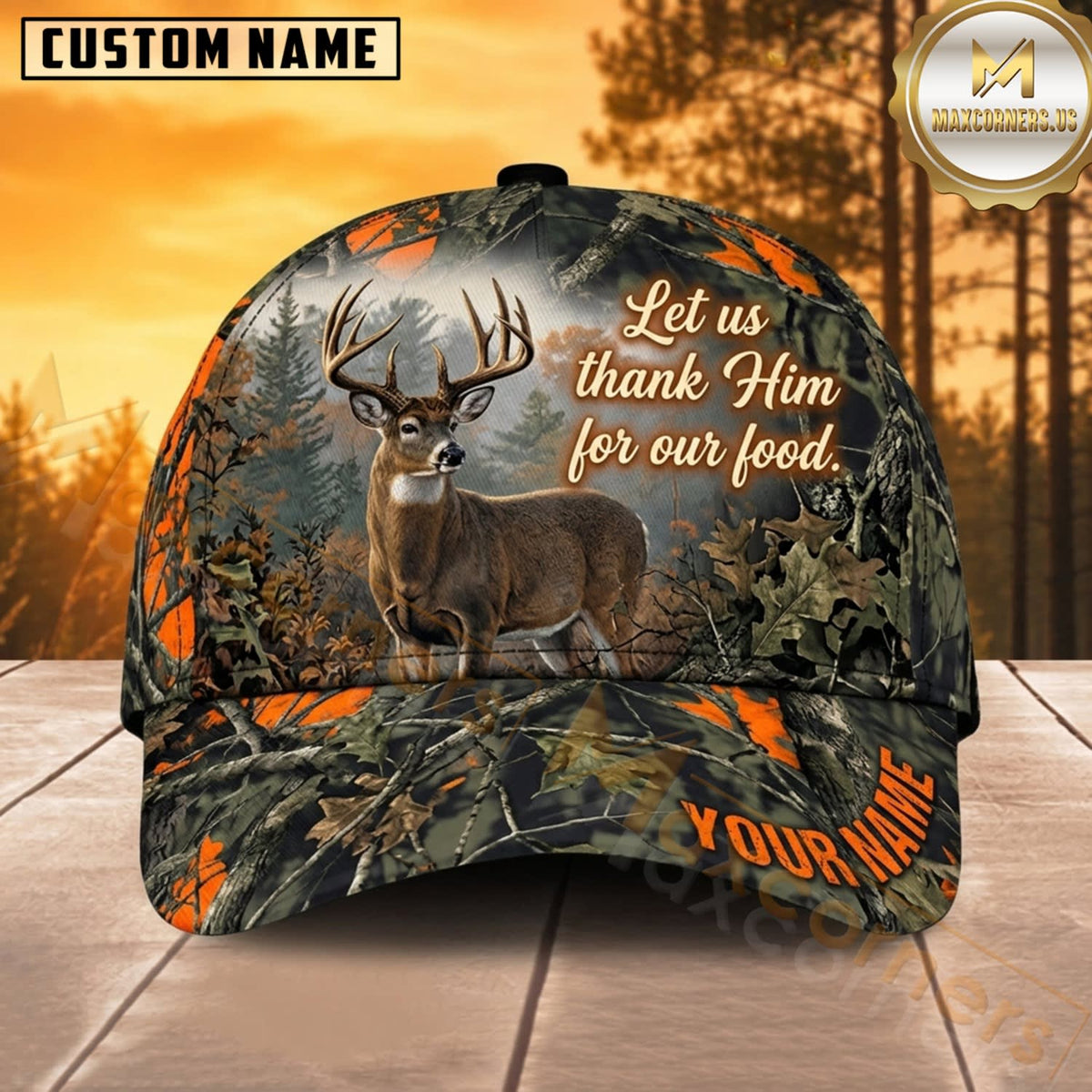 Maxcorners Deer Hunting Whitetail Buck Let Us Thank Him for Our Food Twilight Forest Camo Customized Name 3D Cap