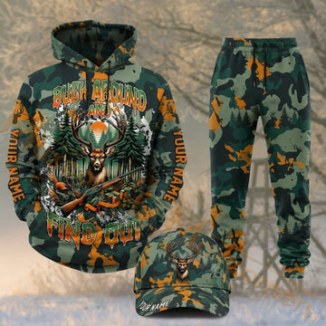 Maxcorners Hunting Deer Antlers Teal Orange Forest Camo Personalized 3D Combo Hoodie, Sweatpants Set & Cap
