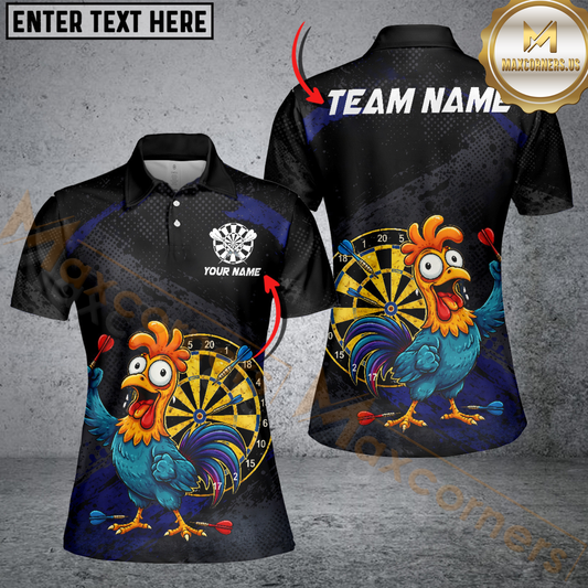 Maxcorners Colorful Rooster Funny Men Darts Polo & 1/4 Zip Shirt Custom Grunge Blue Dart Attire For Darters LM0404