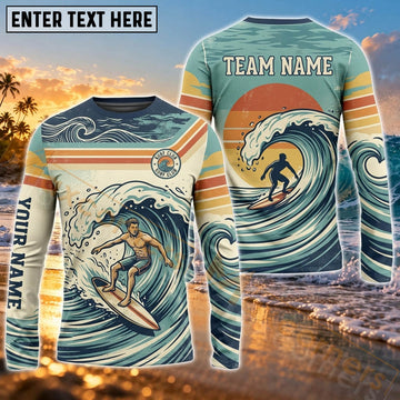 Maxcorners Surfboard Graphic & Retro Ocean Wave Adventure Art Customized Name, Team Name 3D Long Sleeve Shirt
