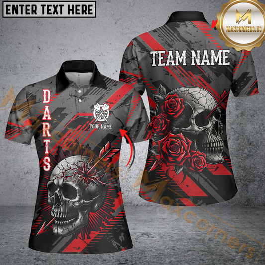 Maxcorners Personalized 3D All Over Print Skull And Roses Custom Darts Shirts For Women Darts Jerseys |Red