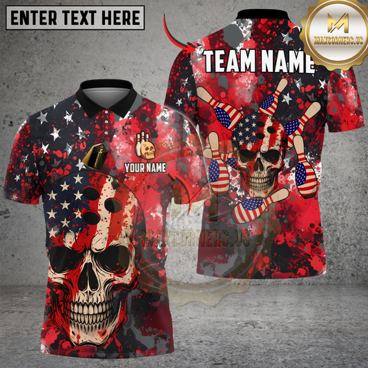 Maxcorners Bowling American Flag Skull Blood Dust Personalized Name, Team Name 3D Shirt