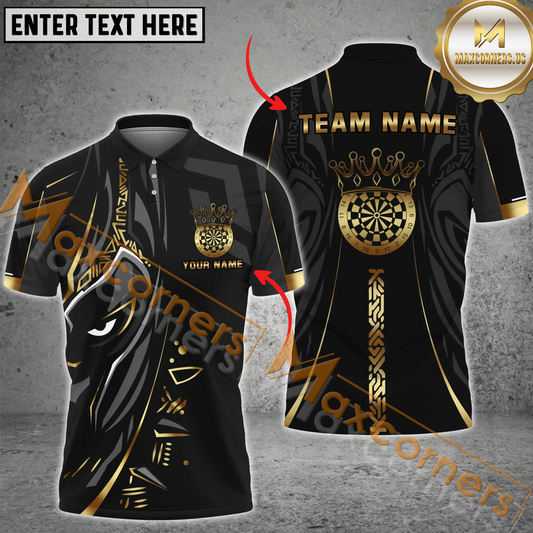 Maxcorners Darts Black Panther Dartboard Golden Pattern MutilColor Option Customized Name, Team Name 3D Polo Shirt