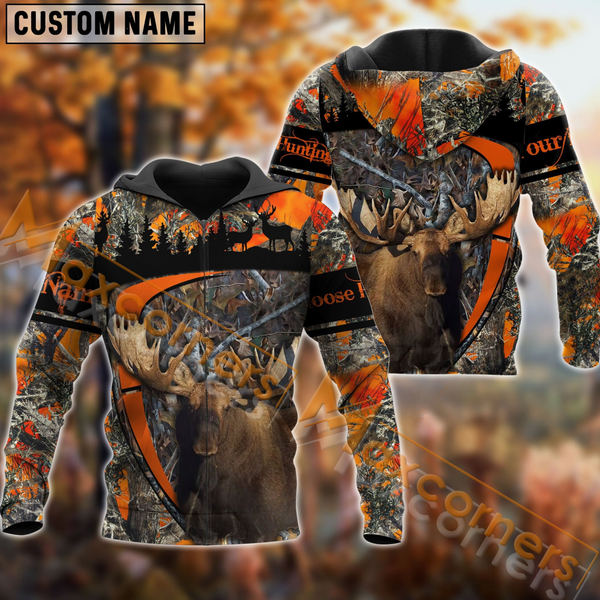 Maxcorners Moose Hunting Orange Camouflage Forest Pattern Custom Name Shirt 3D All Over Printed Clothes