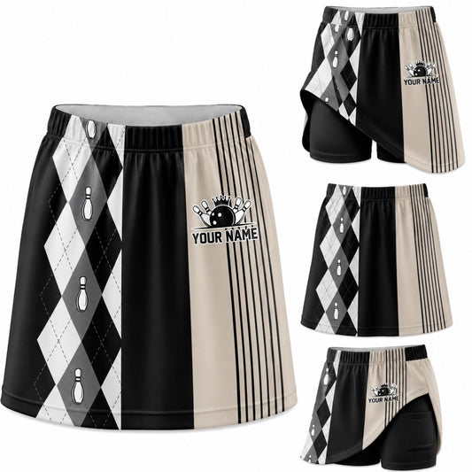 Maxcorners Bowling Black White Argyle Personalized 3D Skort, Skirts With Shorts