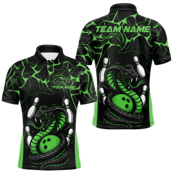 Maxcorners Custom Black And Green Cobra Snake Bowling Jerseys, Bowling Team Men Polo Shirts LM055