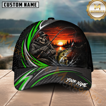 Maxcorners Fishing Skull Angler Green Wave Personalized 3D Cap