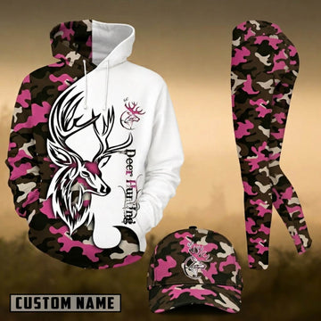 Maxcorners Hunting Whitetail Deer Pink Camo White 3D Combo Hoodie, Legging Set & Cap