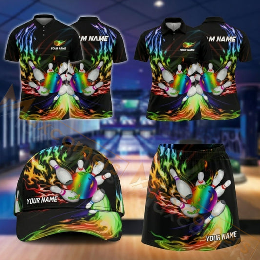 Maxcorners Bowling Colorful Bowling Pins Graffiti Design Personalized Team Sportswear Set - Polo Shirt, Cap & Skorts