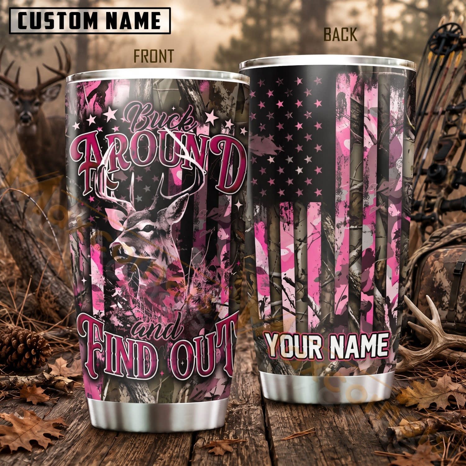 Maxcorners Hunting Pink Camo Deer US Flag Personalized Name 3D Tumbler