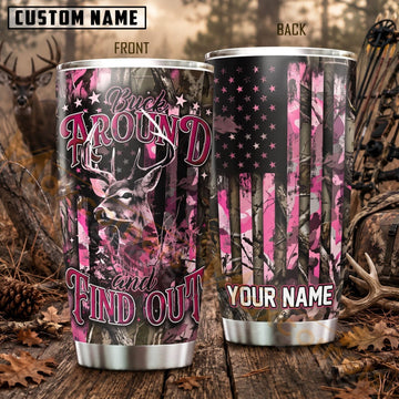 Maxcorners Hunting Pink Camo Deer US Flag Personalized Name 3D Tumbler