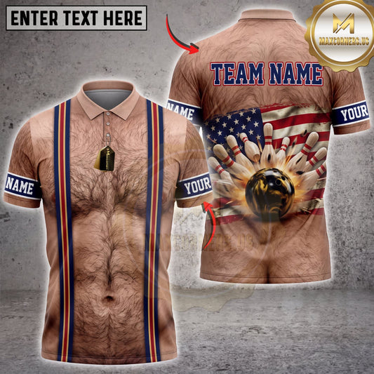 Maxcorners Bowling Funny Body American Flag Suspenders Bowling Ball Pins Personalized Name 3D Unisex Shirt