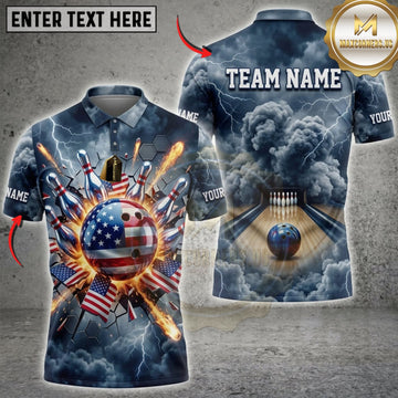 Maxcorners Bowling American Flag Flaming Bowling Ball And Lightning Personalized Name 3D Unisex Shirt