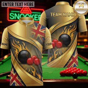 Maxcorners Snooker Black Gold Union Jack Flame Personalized Name 3D Unisex Shirt