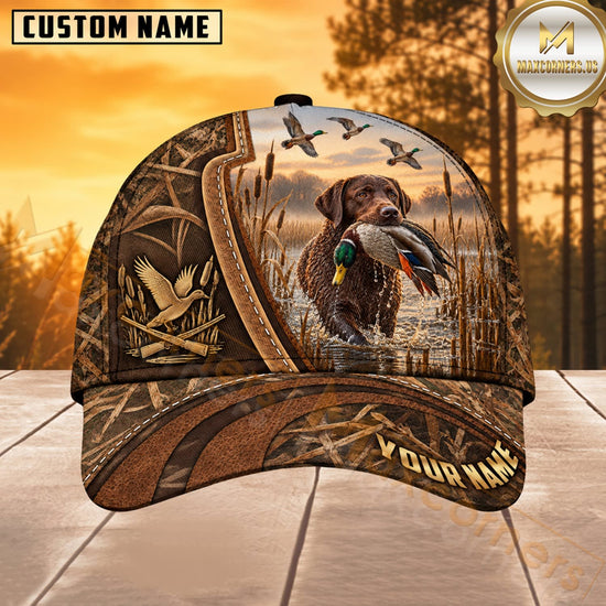 Maxcorners Dog Hunting And Duck Rustic Woodgrain Marshland Scene Multiple Options Personalized Name 3D Cap