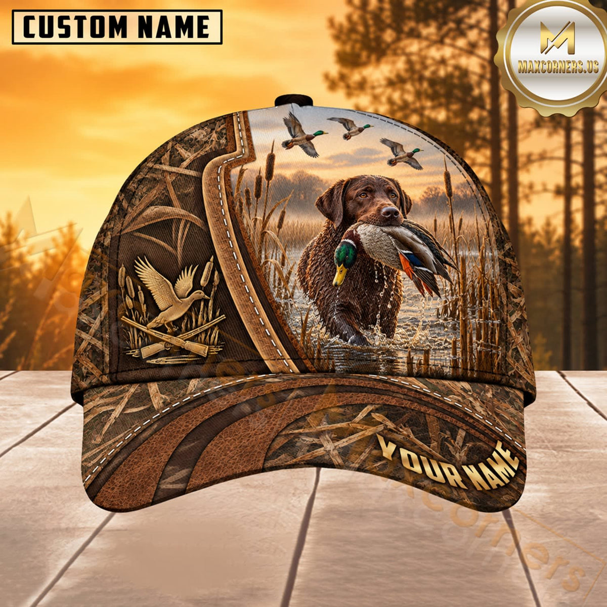 Maxcorners Dog Hunting And Duck Rustic Woodgrain Marshland Scene Multiple Options Personalized Name 3D Cap