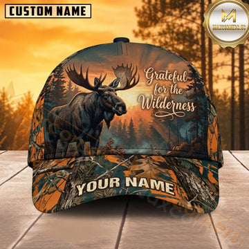 Maxcorners Moose Hunting Bull Moose Grateful for the Wilderness Orange Forest Camo Customized Name 3D Cap