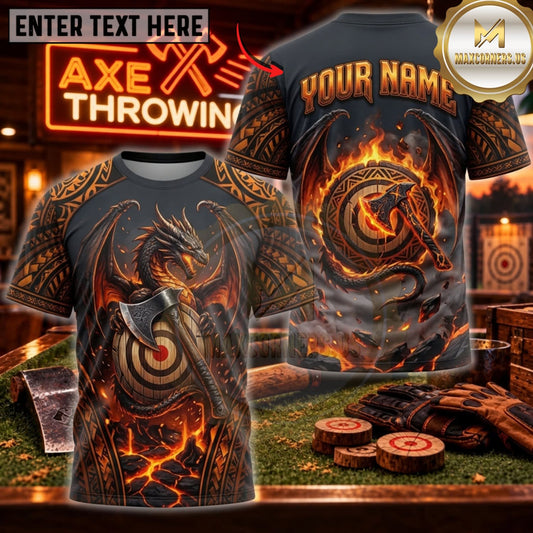 Maxcorners Axe Throwing Molten Lava Fire Skull Personalized Name 3D Unisex Shirt
