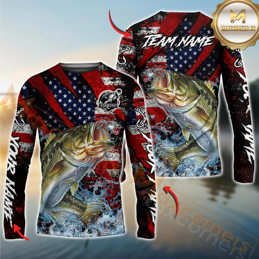Maxcorners Fishing American Flag Grunge Red Scratch Custom Name & Team Name 3D Shirts