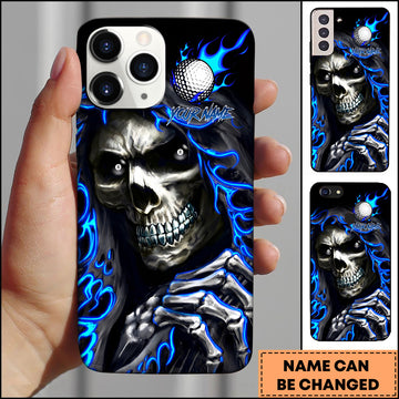 Maxcorners Golf Badass Flaming Skull Holding Golf Ball Neon Blue Personalized Phone Case