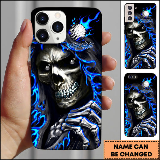 Maxcorners Golf Badass Flaming Skull Holding Golf Ball Neon Blue Personalized Phone Case