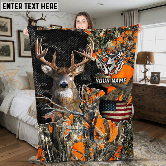 Maxcorners Blaze Orange Camo Deer Hunter USA Personalized 3D Blanket