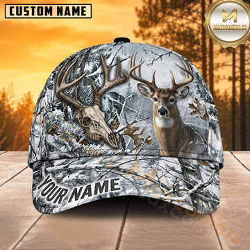 Maxcorners Deer Hunting Whitetail Buck Winter Buck and Antler Skull Snow Camo Customized Name 3D Cap