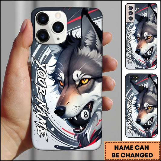 Maxcorners Billiards Gray Wolf 8 Ball Red Stripe Personalized Name Phone Case