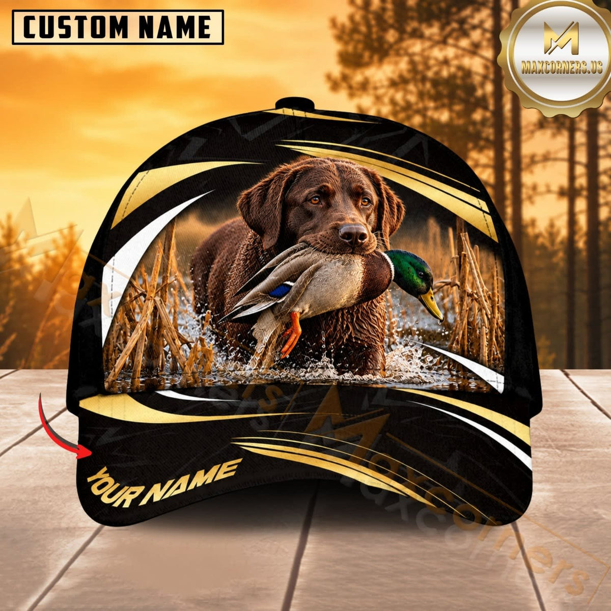 Maxcorners Dog Hunting And Duck Black Gold Wave Wetland Personalized Name 3D Cap