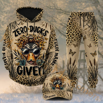 Maxcorners Hunting Zero Ducks Given Duck Hunter Leopard Camo Personalized 3D Combo Hoodie, Sweatpants Set & Cap