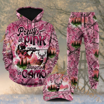 Maxcorners Hunting Pretty In Pink Deer Woodland Camo Personalized 3D Combo Hoodie, Sweatpants Set & Cap