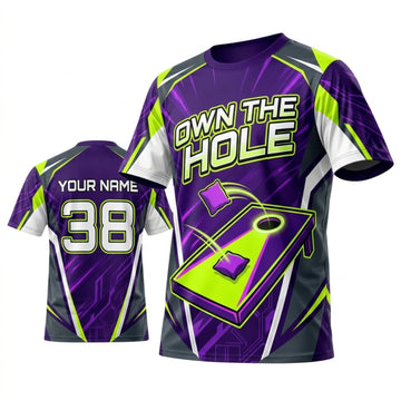 Maxcorners Cornhole Own The Hole Neon Green Purple Personalized Name 3D Unisex Shirt