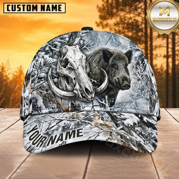 Maxcorners Bear Hunting Black Bear Bear and Skull Snowy Forest Camo Customized Name 3D Cap