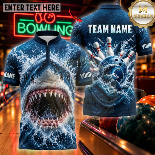 Maxcorners Bowling Fierce Shark Splash Water Pins Shirt Customized Name, Team Name 3D Shirts