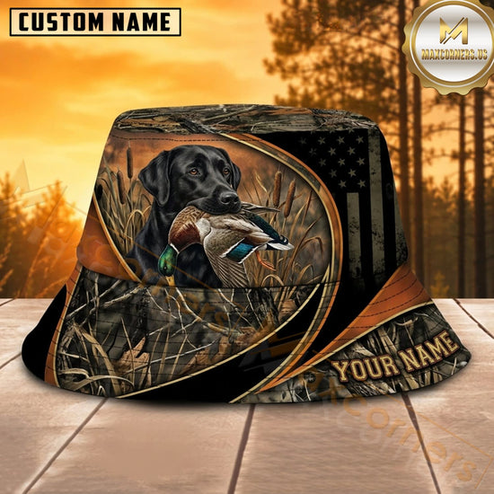 Maxcorners Waterfowl Hunting Labrador Black Gold Camo Personalized Name 3D Bucket Hat