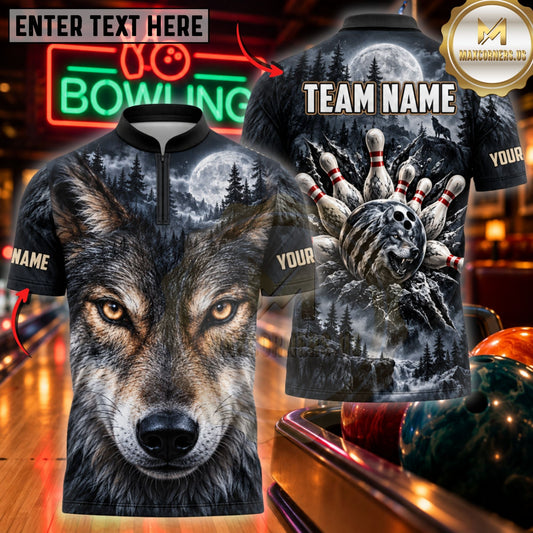 Maxcorners Bowling Alpha Wolf Night Moon Pin Action Top Customized Name, Team Name 3D Shirts