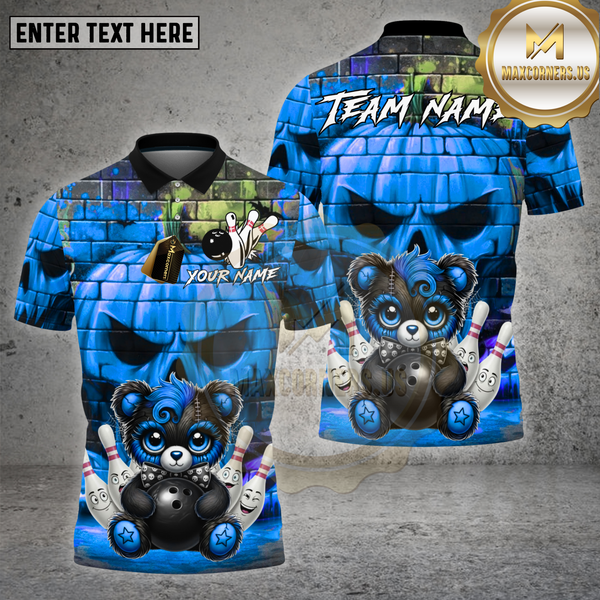Maxcorners Bowling Gothic Teddy Bear Brick Wall Design Multi Options Personalized Name Team Name 3D Shirt