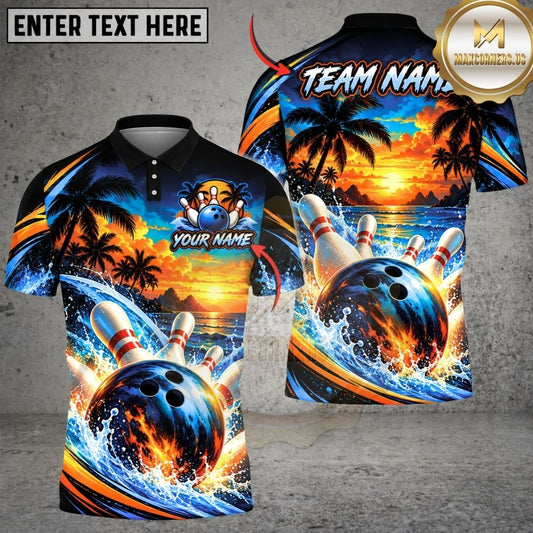 Maxcorners Bowling Tropical Island Sunset Beach Palm Trees Waves Pins Strike Artwork Multicolor Customized Name, Team Name 3D Shirts