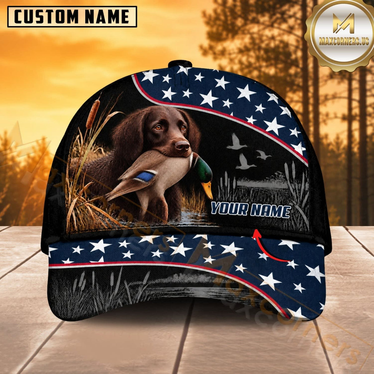 Maxcorners Dog Hunting And Duck Black Navy American Stars And Stripes Personalized Name 3D Cap
