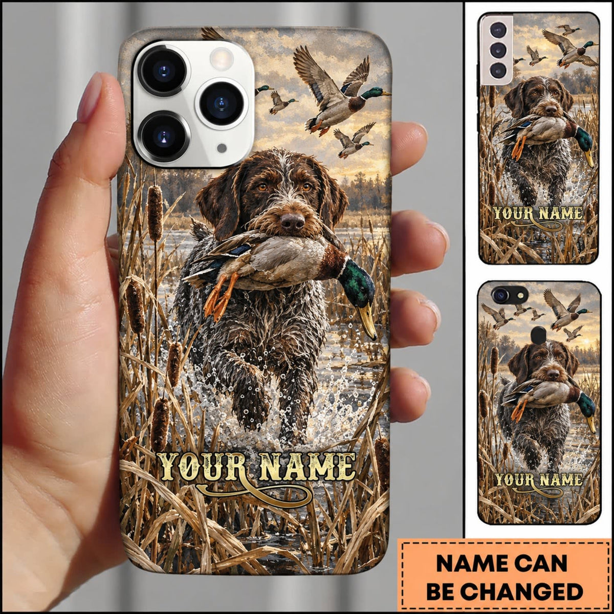 Maxcorners Duck Hunting German Wirehaired Pointer Rustic Hunting Marsh Personalized Name 3D Phone Case - German Wirehaired Pointer