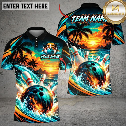Maxcorners Bowling Tropical Island Sunset Beach Palm Trees Waves Pins Strike Artwork Multicolor Customized Name, Team Name 3D Shirts